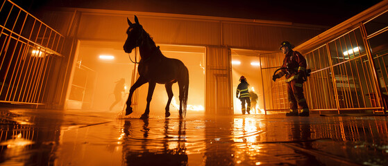 Firefighters rescue a horse from a burning Stables. The horse is standing in a puddle of water and firefighters are pouring water on the fire. The barn is made of wood.