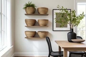 Modern Farmhouse Dining Room Inspirations: Storage Style with Woven Baskets Elegance