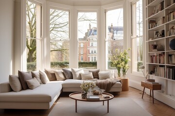 Fototapeta na wymiar Bay Window Delight: Modern Victorian Living Room Decor with Abundant Natural Light