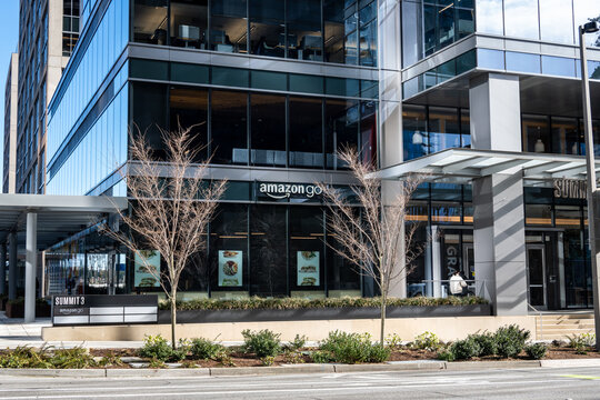 BELLEVUE, WA – FEB 16, 2024: Amazon Go store on the ground floor of an office building in an urban city center
