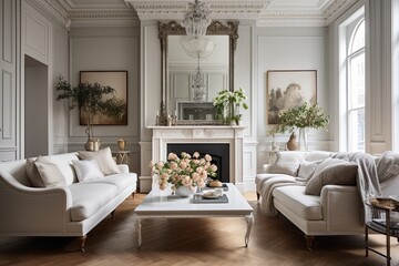 Victorian Elegance: Ornate Mirrors in a Modern Living Room Design with Spacious Feel
