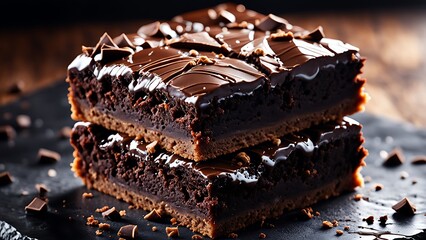 Stacked chocolate brownies drizzled with glossy ganache, sprinkled with chocolate pieces. - obrazy, fototapety, plakaty