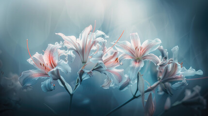 Ethereal bluetoned image of delicate lilies with sunlight filtering through mist creating a dreamy serene floral scene