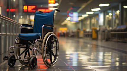 A Wheelchair In Empty Airport Terminal - obrazy, fototapety, plakaty