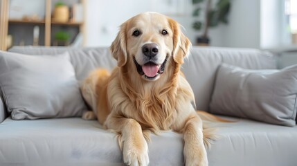 happy golden retriever dog is lying on a cozy sofa in a modern living room
happy golden retriever dog is lying on a cozy sofa in a modern living room
