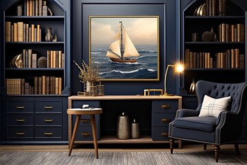 Nautical Charm: Navy Blue Bookshelves for a Bold Coastal Study Room Decor - obrazy, fototapety, plakaty