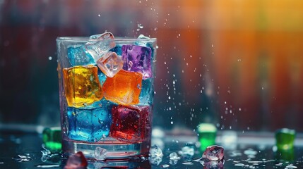 Glass of water with colorful fruit ice cube wallpaper background