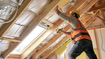 Construction worker thermally insulating house attic with mineral wool