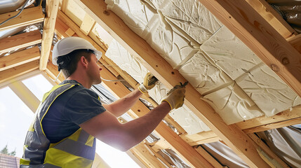 Builder Installing Insulating Board Into the Roof Of the House, heat-isolating, Construction worker thermally insulating house attic with mineral wool