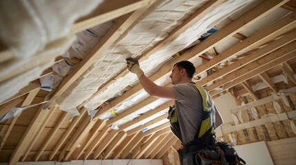 Man installing thermal insulation layer under the roof using mineral wool panels