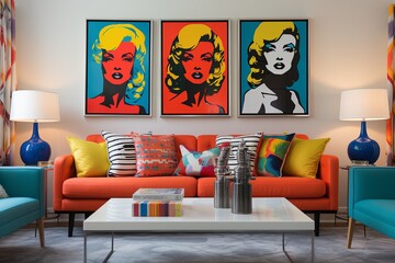 Funky Pop Art Living Room: Vibrant Artwork, Colorful Pillows & Modern Style