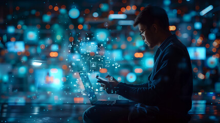 AI, Artificial intelligence, analyzing and developing software on the futuristic virtual interface screen. Algorithm, big data analysis and management, data visualization