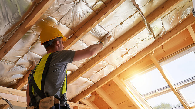 Man installing thermal insulation layer under the roof using mineral wool panels, Construction worker thermally insulating eco a house