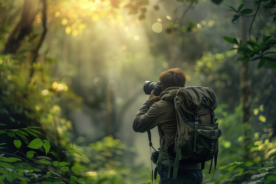 Young photographer taking photo in the forest