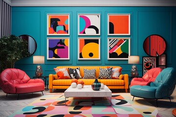 Playful Geometric Pop Art Living Room Designs: Conceptualizing Portraits and Shapes