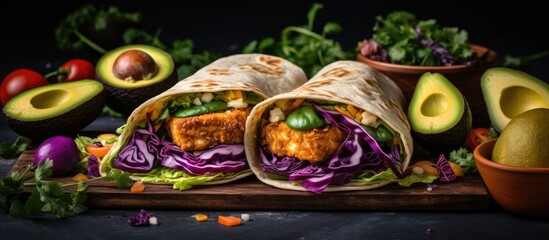 A delicious finger food recipe consisting of two tortilla wraps filled with chicken, cabbage, avocado, and assorted vegetables, placed on a wooden cutting board