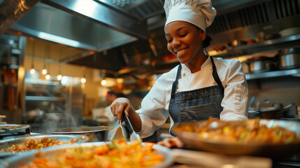 African American female chef preparing food in the kitchen at the restaurant Black happy cook in...