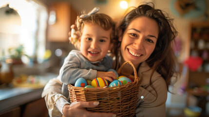 Easter Family traditions. Loving ethnic young mother with a kid and a easter bag with eggs