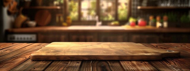 A hardwood plank table with a varnished cutting board, made from natural wood in a kitchen. The wooden flooring complements the plantfilled house - obrazy, fototapety, plakaty