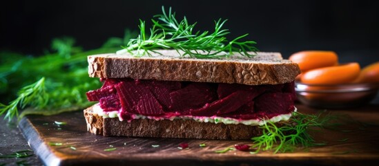 A delicious sandwich displayed on a rectangular wooden cutting board, with a background of green...