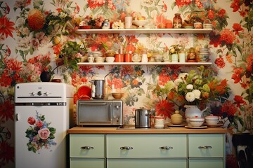 Vibrant Retro 60s Kitchen: Blossoming Floral Wallpaper & Classic Touches