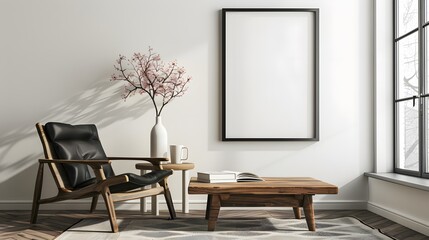 Living room with open book, vase of blossoms, wooden table, black chair, empty poster frame on white wall.
