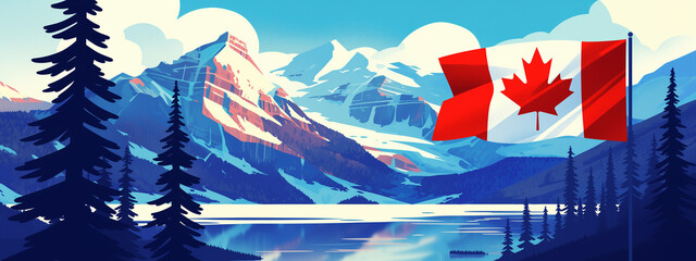 canadian flag amongst mountains and trees