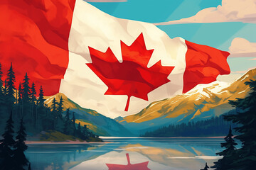 canadian flag amongst mountains and trees - obrazy, fototapety, plakaty