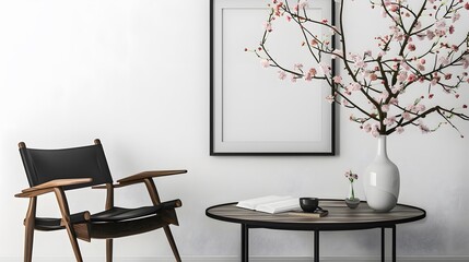 Living room with open book, vase of blossoms, wooden table, black chair, empty poster frame on white wall.
