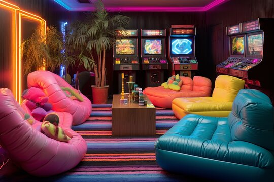 Neon Nightscape: Retro 80s Arcade Living Room Ideas with Vibrant Accents