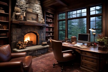 Log Furniture & Cozy Fireplace Designs for Rugged Mountain Study Rooms