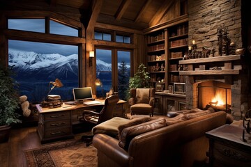 Mountain Haven: Rugged Log Furniture and Warm Fireplace Study Room Ideas