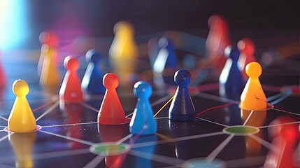 Colorful game pieces on a board with grid lines shallow depth of field bright and vibrant strategic playful atmosphere