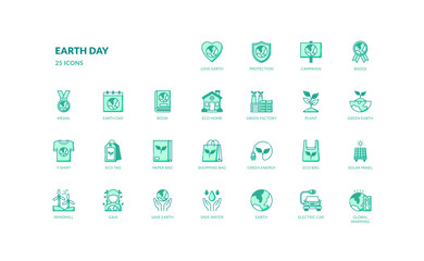 earth day environment green energy recycling climate change detailed green color filled line icon set