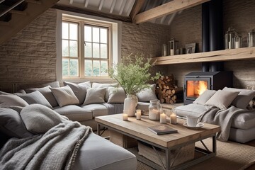 Fototapeta premium Farmhouse Comfort: Rustic Barn Conversion Living Room Decor with Cozy Cushions
