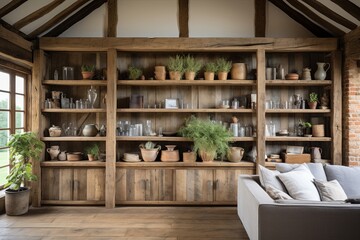 Obraz na płótnie Canvas Reclaimed Wood Shelves: Rustic Barn Conversion Living Room Decor & Storage Solutions