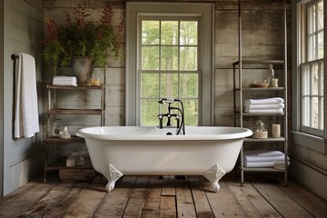 Fototapeta na wymiar Rustic Farmhouse Bathroom Designs: Vintage Distressed Furniture & Classic Clawfoot Tubs
