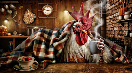 An anthropomorphic rooster sipping coffee at a wooden table covered with a checkered blanket in a cozy rustic kitchen setting