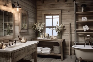 Rustic Farmhouse Bathroom Designs: Embracing Farmhouse Flair with Rustic Fixtures - obrazy, fototapety, plakaty