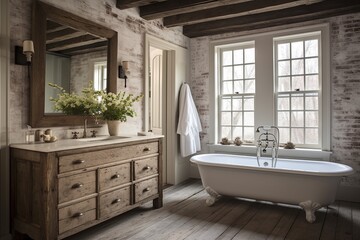 Fototapeta na wymiar Rustic Farmhouse Shabby Chic Bathroom Designs with Rustic Elements