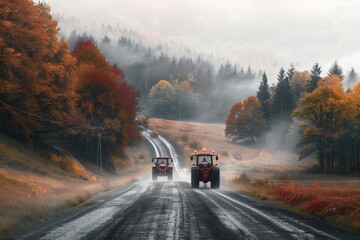 Two vehicles are traversing an asphalt road under a rainy sky. The tractors tires grip the wet road surface, passing by trees in the natural landscape