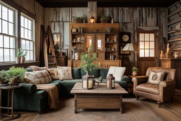 Fototapeta premium Antique Farmhouse Charm: Rustic Living Room Ideas with Vintage Decor
