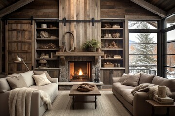 Fototapeta premium Barn Door Charm: Rustic Farmhouse Living Room Ideas with Vintage Decor and Warm Lighting