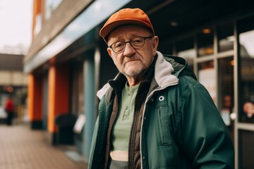 portrait of senior man in cap and jacket walking on city street