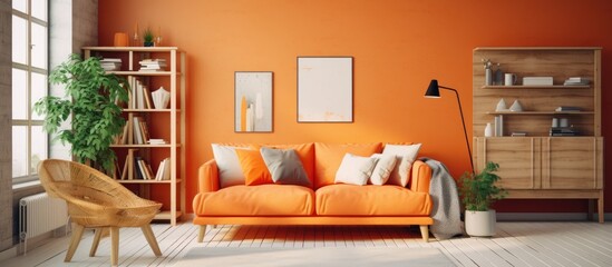 Fototapeta na wymiar The living room in the house features vibrant orange walls and a matching orange couch, creating a warm and inviting atmosphere with a modern interior design
