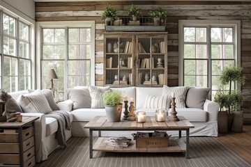 Farmhouse Mason Jar Decor: Rustic Living Room Ideas with a Charming Farmhouse Feel - obrazy, fototapety, plakaty