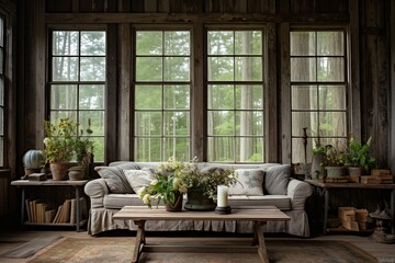 Fototapeta na wymiar Rustic Farmhouse Living Room Ideas with Vintage Old Windows and Decor