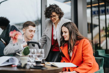 Three business associates engaged in a discussion with a digital tablet at an outdoor seating area of a cafe.