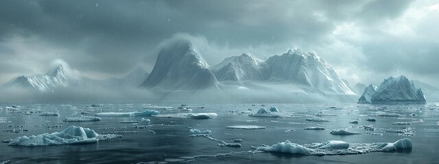 Several icebergs are drifting on the liquid surface of a body of water, surrounded by a snowy landscape under a cloudy sky