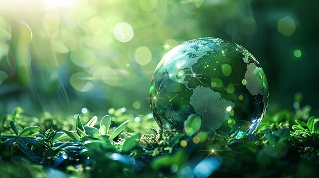 a globe on grass with blur bakcground and space fot text